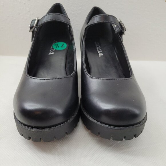 Soda Shoes Women's 7.5 Black Mary Jane Heels Lug Sole Chunky Block Heel Strap - Picture 3 of 15